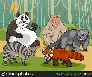 Cartoon Illustrations of Funny Asian Mammals Animals Characters Group