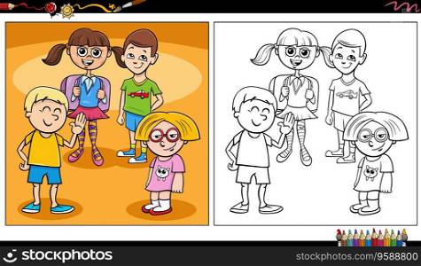 Cartoon illustrations of funny children or teens comic characters group coloring page