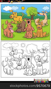 Cartoon illustrations of funny dogs and puppies animal characters group coloring page