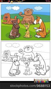 Cartoon illustrations of funny dogs and puppies animal characters group in the park coloring page