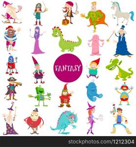 Cartoon Illustrations of Funny Fantasy Characters Large Set