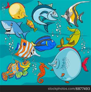 Cartoon Illustrations of Funny Fish Sea Life Animal Characters Group