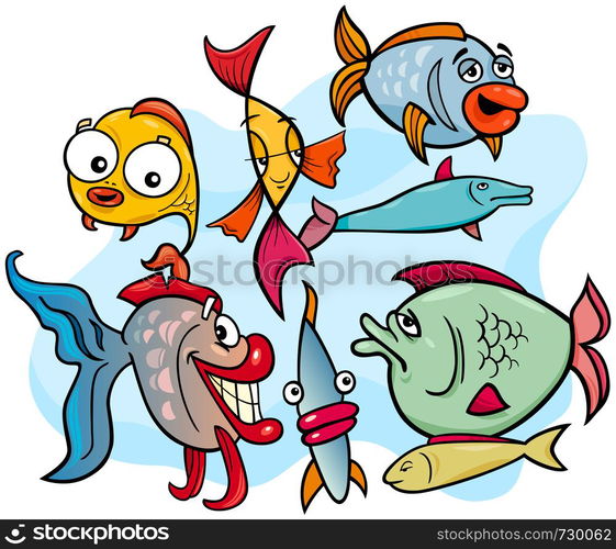 Cartoon Illustrations of Funny Fish Sea Life Characters Group