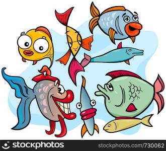 Cartoon Illustrations of Funny Fish Sea Life Characters Group