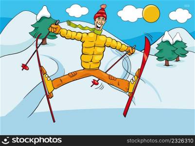 Cartoon illustrations of funny man character skiing on winter time