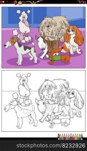 Cartoon illustrations of funny purebred dogs animal characters group coloring page