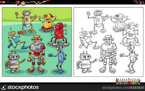 Cartoon illustrations of funny robots or droids characters group coloring page