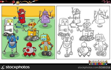 Cartoon illustrations of funny robots or droids comic characters group coloring page