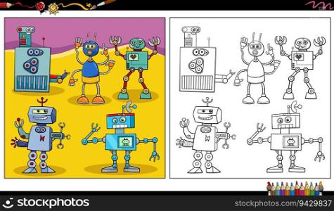 Cartoon illustrations of funny robots or droids comic characters group coloring page