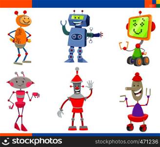Cartoon Illustrations of Funny Robots Science Fiction or Fantasy Characters Set