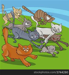 Cartoon Illustrations of Funny Running Cats Characters Group