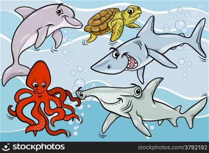 Cartoon Illustrations of Funny Sea Life Animals and Fish Mascot Characters Group