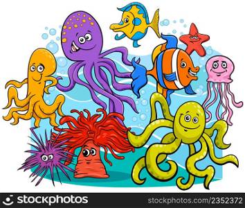 Cartoon illustrations of funny sea life marine animal characters group
