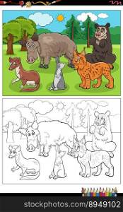Cartoon illustrations of funny wild animal characters group coloring page