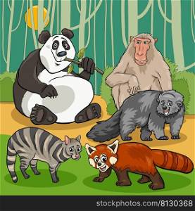 Cartoon illustrations of funny wild Asian animal characters group