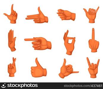 Cartoon illustrations of hands gestures isolated on white. Thumb up and palm, fist and ok symbol vector. Cartoon illustrations of hands gestures isolated on white