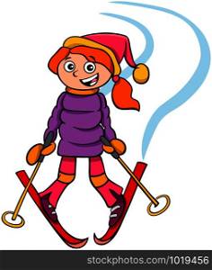 Cartoon Illustrations of Kid or Teen Girl Character on Ski at Winter