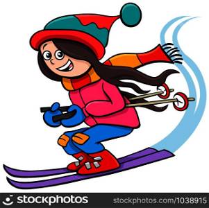 Cartoon Illustrations of Kid or Teen Girl Character on Ski on Winter Time