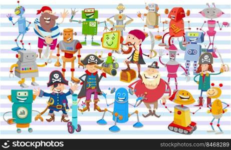 cartoon illustrations of robots and pirates fantasy characters set or paper pack or fabric design