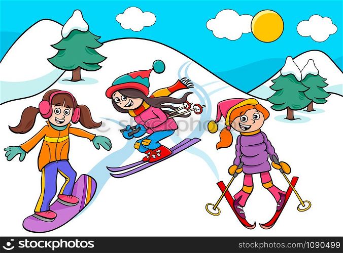 Cartoon Illustrations of Snowboarding and Skiing Girls Characters on Winter Time