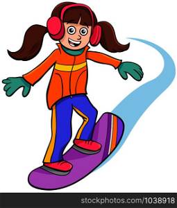 Cartoon Illustrations of Snowboarding Kid or Teen Girl Character on Winter Time