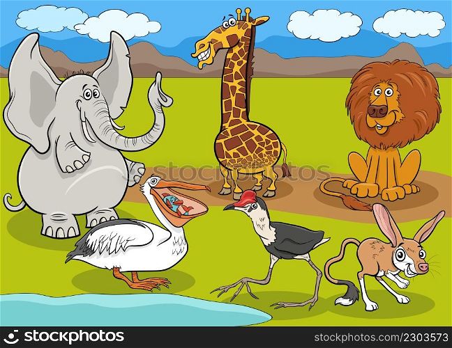 Cartoon illustrations of wild African animal characters group