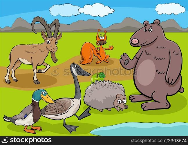 Cartoon illustrations of wild animals comic characters group