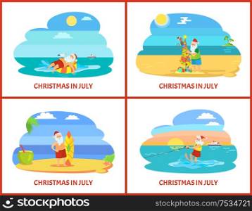 Cartoon illustrations on beach in July. Santa on plage standing with surf and fir-tree, going water skiing on sunset and laying on rubber ring vector. Cartoon Illustrations on Beach in July Vector