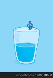 Cartoon illustratrion man about to jump into glass of water