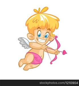 Cartoon image of cute little cupid with yellow hair, light blue wings in pink panties flying to right with bow and arrow in his hands on a white background. Valentine&rsquo;s Day Vector illustration
