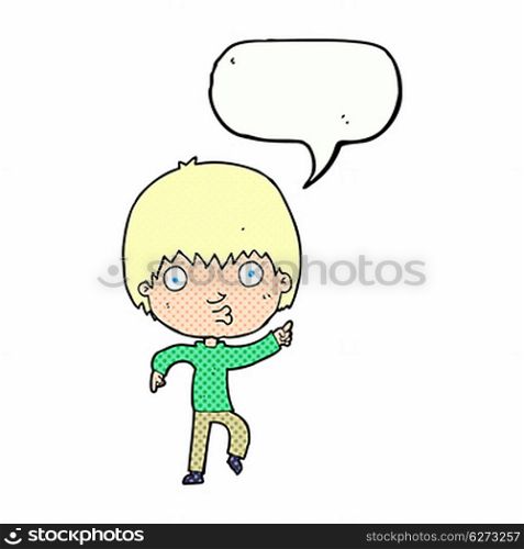 cartoon impressed boy pointing with speech bubble