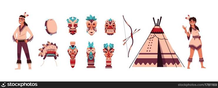Cartoon Indians. Aztec or Maya persons. Isolated man or woman with ritual shaman Tiki mask, feather headwear and totem. Tribal ethnic collection. Drum and bow with arrows. Vector traditional wigwam. Cartoon Indians. Aztec or Maya persons. Man or woman with ritual shaman Tiki mask, feather headwear and totem. Tribal collection. Drum and bow with arrows. Vector traditional wigwam
