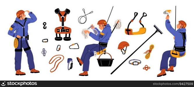 Cartoon industrial climbing elements. High altitude work special equipment. Safety cable and winch. People in uniform with helmets. Painter and window cleaner. Steeplejack tools. Garish vector set. Cartoon industrial climbing elements. High altitude work equipment. Cable and winch. People in uniform with helmets. Painter and window cleaner. Steeplejack tools. Garish vector set