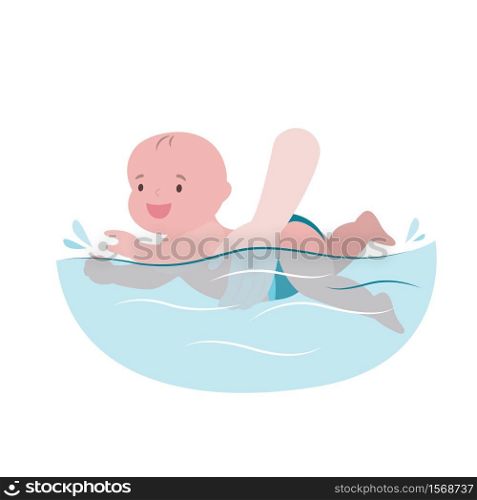 Cartoon infant swimming on a white background. Hand holding little child swimmer in the swimming pool, kids physical activity. Flat vector illustration