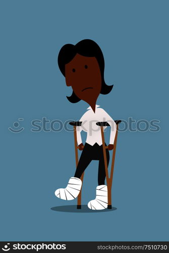 Cartoon injured african american businesswoman with bandaged legs walking on crutches. Health insurance or work accident concept theme design. Unhappy businesswoman walking on crutches