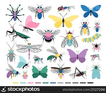 Cartoon insect set. Cute small creatures of entomology science, vector illustration of colored caterpillars and butterflies icons isolated on white background. Cartoon insect set