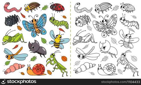Cartoon insects color painting game. Draw cute insect with kids, funny bug, worm and caterpillar. Children education beetle insects coloring painting book vector illustration. Cartoon insects color painting game. Draw cute insect with kids, funny bug, worm and caterpillar vector illustration
