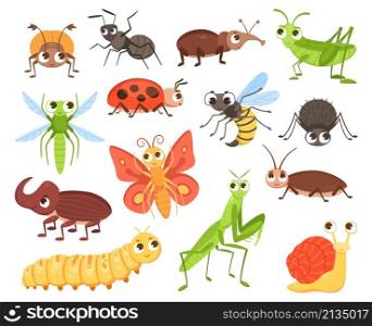 Cartoon insects. Cute bug characters. Crawling beetle or flying butterfly mascot with big eyes for kids illustration. Grasshopper and ladybug. Entomology collection. Vector isolated funny animals set. Cartoon insects. Cute bug characters. Crawling beetle or flying butterfly with big eyes for kids illustration. Grasshopper and ladybug. Entomology collection. Vector funny animals set