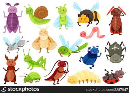 Cartoon insects, cute garden bugs, dragonfly, ladybug, spider. Funny snail, bumblebee, dragonfly, smiling insect characters for kids vector set. Illustration of dragonfly and beetle. Cartoon insects, cute garden bugs, dragonfly, ladybug, spider. Funny snail, bumblebee, dragonfly, smiling insect characters for kids vector set