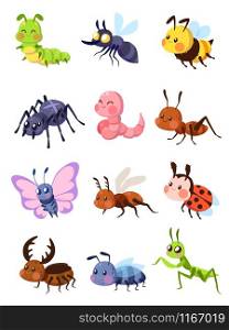 Cartoon insects. Cute grasshopper and ladybug, caterpillar and butterfly. Mosquito and spider. Fly, ant and mantis vector comic set. Cartoon insects. Cute grasshopper and ladybug, caterpillar and butterfly. Mosquito and spider. Fly, ant and mantis vector set