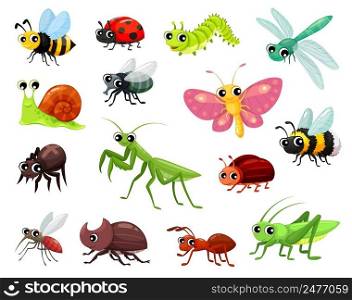 Cartoon insects, funny kid characters, vector cute butterfly, ant and fly, vector bugs. Cartoon bee with dragonfly and spider, ladybug and grasshopper with caterpillar worm and beetle. Cartoon insects, funny kid characters, bug, beetle