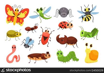 Cartoon insects. Happy bugs, cute little beetle and smiled caterpillar. Wildlife insect vector Illustration set of fly and bug, insect character. Fly and bug, insect of character wildlife. Cartoon insects. Happy bugs, cute little beetle and smiled caterpillar. Wildlife insect vector Illustration set