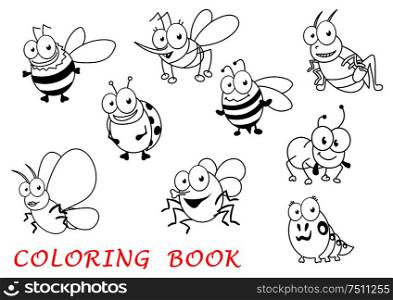Cartoon insects isolated on white background with ladybug, mosquito and grasshopper, butterfly and ant, fly and bee, spider and caterpillar. Cartoon isolated isect animals set