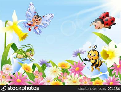 Cartoon insects on flower field
