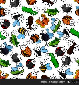 Cartoon insects seamless pattern of bees and butterflies, caterpillars and flies, spiders and ladybugs, mosquitoes and bugs, dragonflies, ants and grasshopper. Childish interior, textile, print design. Funny cartoon insects seamless pattern