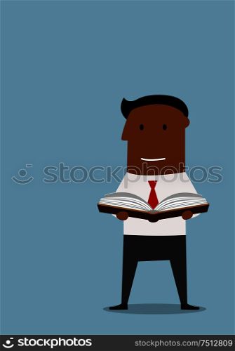 Cartoon intelligent african american businessman standing and reading a book, flat style. For education or personal growth theme