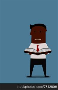 Cartoon intelligent african american businessman standing and reading a book, flat style. For education or personal growth theme