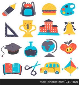 Cartoon isolated and colored back to school icon set with elements and attributes of education vector illustration. Cartoon Back To School Icon Set