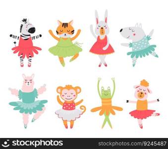 Cartoon isolated ballerina animals. Dancing bunny, zebra and tiger. Ballet animal dance, funny scandinavian style classy childish vector clipart. Illustration of sweet dress for rabbit and sheep. Cartoon isolated ballerina animals. Dancing bunny, zebra and tiger. Ballet animal dance, funny scandinavian style classy childish vector clipart