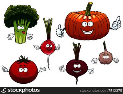 Cartoon isolated funny vegetable characters with happy faces and waving arms including beetroot, broccoli, radish, pumpkin, tomato and garlic, isolated on white. Cartoon isolated funny vegetable characters